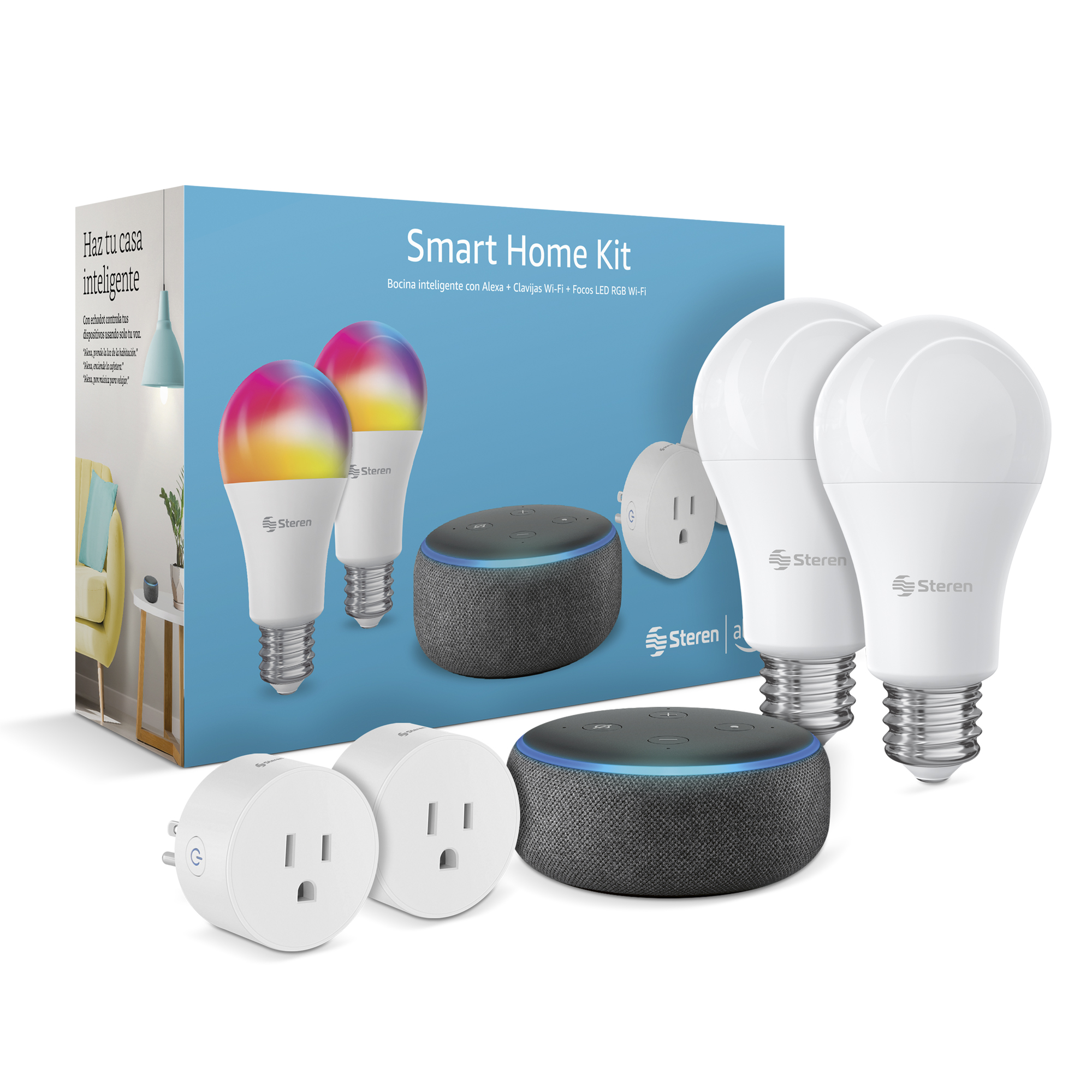 Steren Paquete Smart Home Alexa Focos y Contactos Wi-Fi PACK-SHO-02