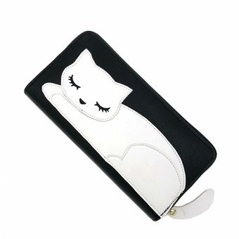 lindo negro blanco gato billeteras mujeres PU cuero largo de monedas monedero cobre cremallera DJL 