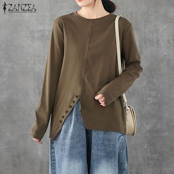 ZANZEA manga larga para mujer de la blusa asimétrica ocasional de la camisa de te floja Jumper Tops Pullover Marrón 