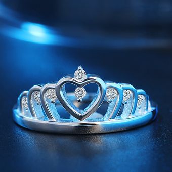 Deluxe Female Crown Party Ring Silver Zirconia Compromiso 