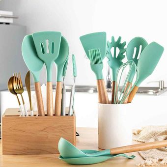 Set cucharones utensilios cocina de silicona 12 piezas verde GENERICO