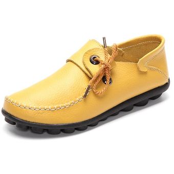 Tamaño de la manera US 5-12 mujeres atan para arriba los zapatos de piel suave cómodo zapatos de los planos de los holgazanes de barcos Amarillo 