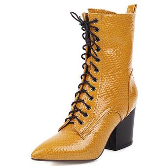 zapatos femeninos de felpa con correa Amarillo Botas de serpiente con punta estrecha para mujer 