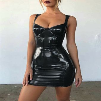 Mini vestido ajustado de látex cuero sintético para mujer vestido de verano sin mangas con tirantes vestido para Club   Negro 