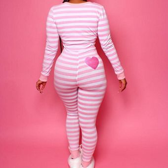 Mujer Pijama Casual Stripe Impreso de manga larga Homewear Dumpsuit Mober 