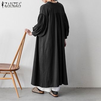 Negro ZANZEA mujer sólido Capa larga de la manga de soplo con bolsillos y botones holgado vestido de algodón Plus 
