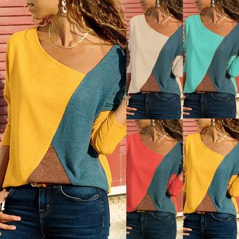Camisetas de manga larga Tops informales sueltos para Mujer,camiseta de Mujer con retazos,c #White 