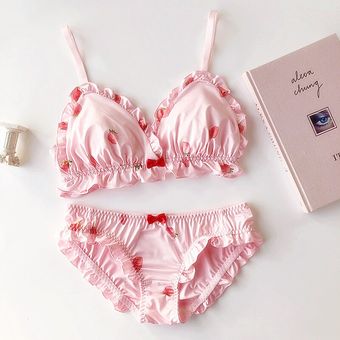 Conjunto de sujetador de copa pequeña y cómodo con estampado de fresa #Pink ropa interior sexy conjunto de sujetador y bragas Lencería de algodón de estilo japonés 