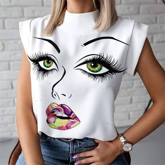 Camiseta con estampado de labios para mujer  camisetas informales co.. 