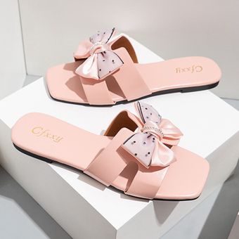 Zapatillas con lazo para mujer Sandalias planas con diamantes de imitación 