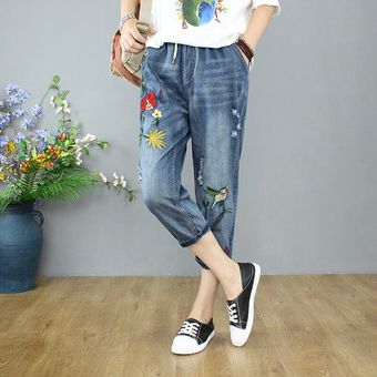 Pantalones vaqueros rasgados para damas con bordados florales de talla grande pantalones bombachos con cordones XYX # 