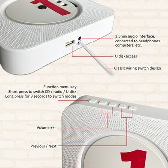 reproductor de CD portátil montado en la pared reproductor de CD de música en casa de audio Boombox con la radio FM de control remoto incorporado en los altavoces de alta fidelidad 