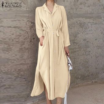 Partido del cordón de la playa de cuello en V ocasionales flojas ZANZEA estilo coreano mujer de manga larga vestido Maxi Plus Beige 