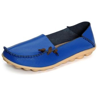 Manera de las mujeres grandes del tamaño suave cómoda de cuero ocasionales de múltiples vías barco plano zapatos de los holgazanes lago azul 