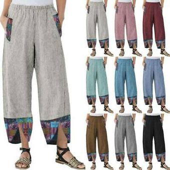 Pantalón de anchos de cintura elástica con estampado floral bohemio casual de yoga para mujer Celeste 