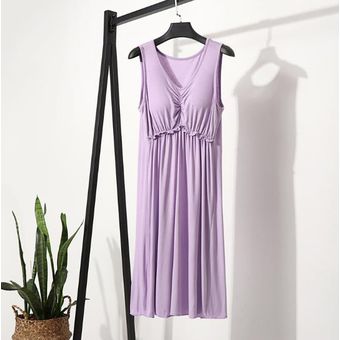 #light purple Camisones sexys de algodón para mujer,vestido de noche cómodo de modal con cuello en 
