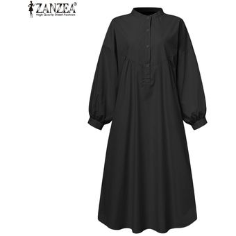 ZANZEA Mujeres O Cuello de la manga completa Camisa de vestir casual botón Abajo vestidos largos Midi Negro 
