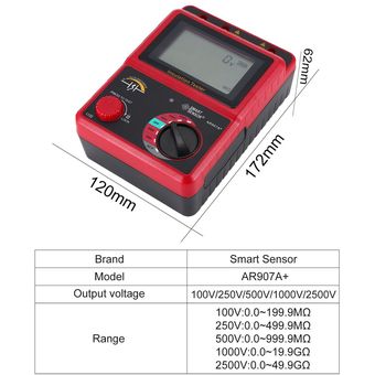 El sensor inteligente AR907A Aislamiento Tierra voltímetro Medidor de resistencia Megohmetro Negro 