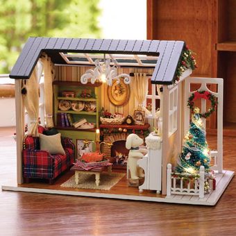 Casa de muñecas de madera hecha a mano en miniatura de juguete de mueb 
