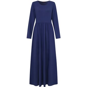 ZANZEA Bohemia de las mujeres vestido maxi sólido otoño de manga larga Kaftan holgada Dresse del tamaño extra grande Azul 