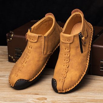 Amarillo secundarios cuero de los hombres de la mano de costura de la vendimia de microfibra con cremallera cómodo suave del tobillo botas de bota zapatos casuales clásicas Zapatos viejos 