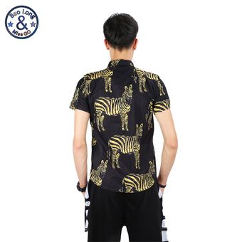 Mr.Bao Long & Miss.GO Hombre fresco Turn-Down cuello impresa ocasional de la camiseta # CY0012 M amarillo y negro 