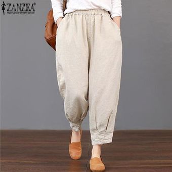 Beige ZANZEA Loose Women básico de cintura alta Pantalones Capris cosechado más el tamaño de los pantalones 
