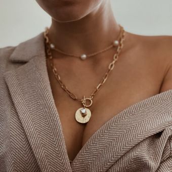 17KM Fashion Multi_layered Snake Chain Necklace For Women Vintage Gold Coin Pearl Choker Sweater Ne 
