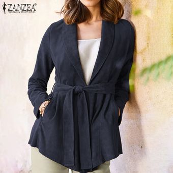 Casual ZANZEA para mujer otoño flojo chaquetas de la capa de manga larga de color sólido del cordón de los abrigos Azul marino 