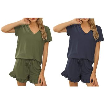 Pantalones cortos de la manga ropa de dormir pijamas Set corto para mujeres de color sólido camiseta 