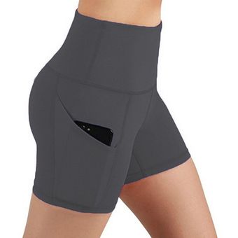 Pantalones cortos deportivos de cintura alta con bolsillo para mujer,mallas para Yoga,correr,gimnasio,Fitness #gray 