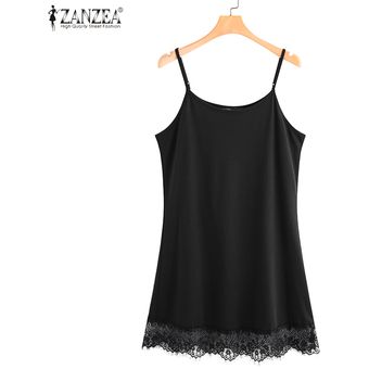 ZANZEA más el tamaño de Womne ocasional del verano vestido sin mangas vestido de Lacer camisón pijamas Negro 
