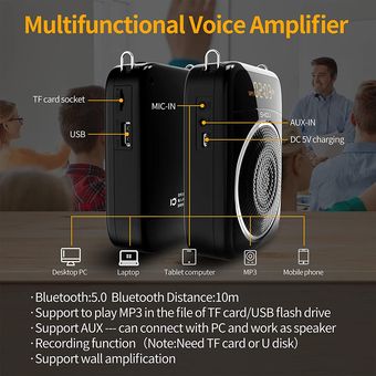 Amplificador de voz para profesores con micrófono, pantalla LED, 2000 mAh,  recargable, 15 W, Bluetooth, mini amplificador de voz portátil, altavoz