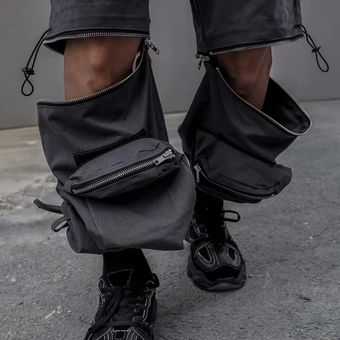 Hip Hop Zipper Detachable Tactical Pants Men Multi Pockets Functional Streetwear Oversized Joggers Trousers WAN（#Black） 