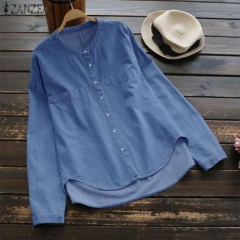 ZANZEA Blusa con botones de manga larga para mujer Camisa vaquera básica de talla -Azul claro | Colombia - ZA402FA1G64BWLCO