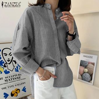 Negro ZANZEA Mujeres camiseta de manga larga con cuello en V tapas de la camisa de la raya de la blusa floja ocasional de las tapas de túnica 