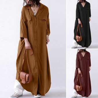 Rojo ZANZEA Mujeres sólido vestidos de color del botón camisa de vestir de manga larga de Down maxi ocasional 