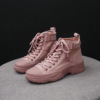 Zapatos de lona de caña alta estilo coreano salvajes botas gruesas ocasionales Martin rosa 