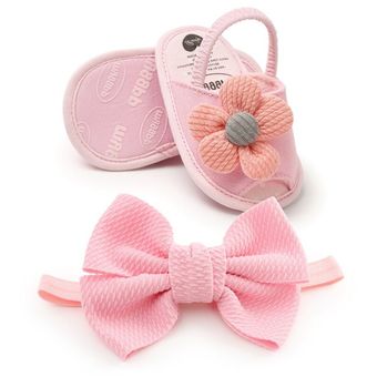 Sandalias de flores de verano para bebé conjunto de zapatos para niñas zapatos para bebés primeros caminantes diadema de algodón con lazo antideslizante 