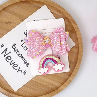 2 Niños Lindos Caricaturas Princesas Arcoíris Bowknot Pinza 