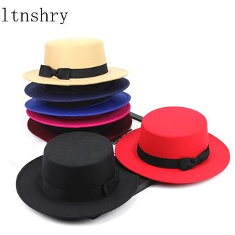 sombrero Fedora de ala ancha de fieltro para invierno y otoño WAN（#3） Sombrero plano de fieltro de Jazz de lana artificial para mujer 