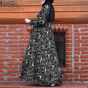 Negro ZANZEA mujer musulmana Abaya Dubai Encuadre de cuerpo entero vestidos de camisa suelta de manga larga Maxi 