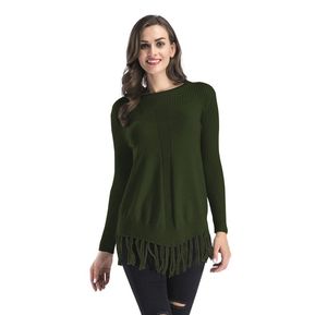 Otoño Invierno Women Sweater O-cuello Color Sólido Borlas De Moda Camisa Tejida Green