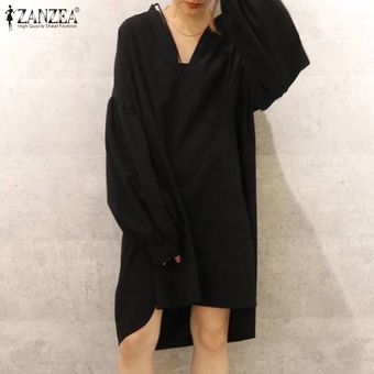 Negro ZANZEA estilo coreano de manga larga para mujer de la túnica Vestido de tirantes altas-bajas de los vestidos de camisa holgada sólidas 