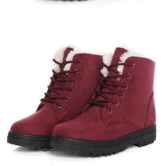 Moda invierno de las mujeres Mantener caliente plana nieve de la felpa botines botas cortas Rojo 