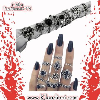 Set de 11 anillos en color negro para varios dedos de diferentes