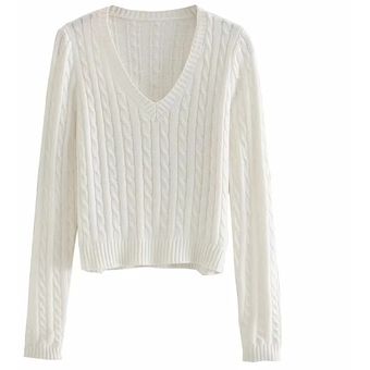 #white suéter de manga larga para mujer,ropa de moda con cuello de pico,T~ 