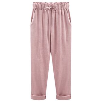 Pantalones Pantalones de lino de algodón con cordón suelto de color sólido Pantalones de lápiz recortados 