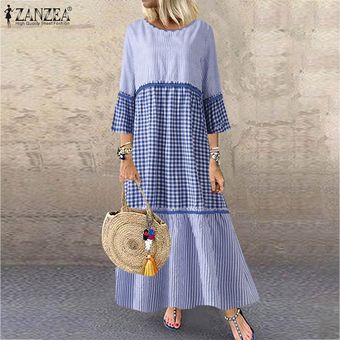 ZANZEA verano de las mujeres de la vendimia 34 causal remiendo de la manga de la tela escocesa holgado vestido maxi largo Azul marino 