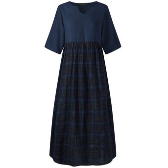 Comprobar la fiesta de la tela escocesa de las mujeres ZANZEA vestido de manga corta floja ocasional remiendo de las señoras Azul marino 